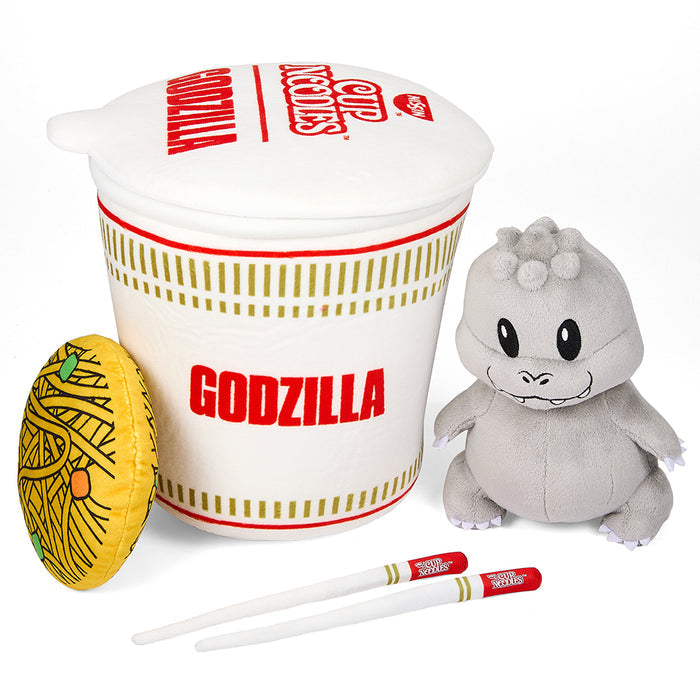 Godzilla plush toy from Nissin in Cup Noodles design, 10-inch interactive plush featuring Godzilla in a playful pose.