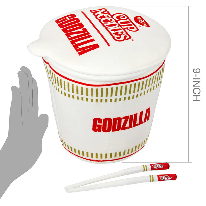 Nissin® x Godzilla 10-inch interactive plush toy featuring Godzilla inside a Cup Noodles container, soft and detailed.