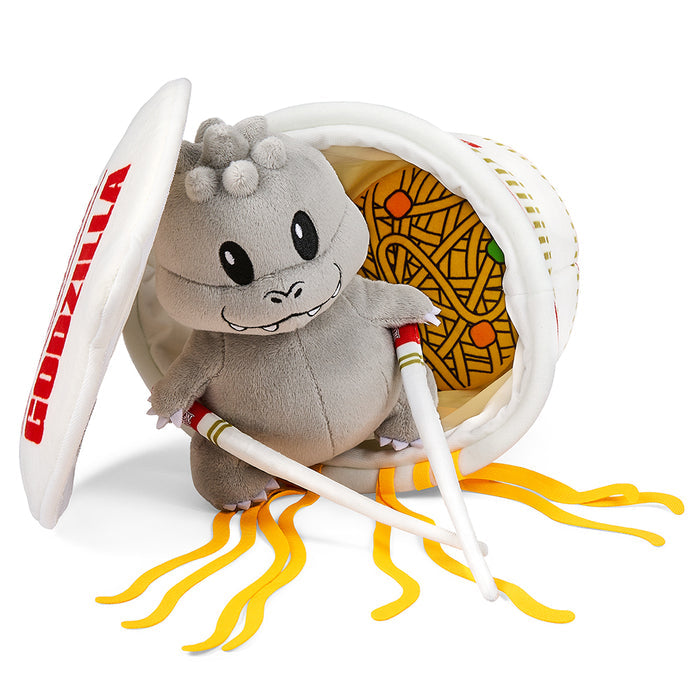 Interactive plush of Godzilla in Cup Noodles, 10-inch plush toy from Nissin featuring Godzilla character in a playful design.