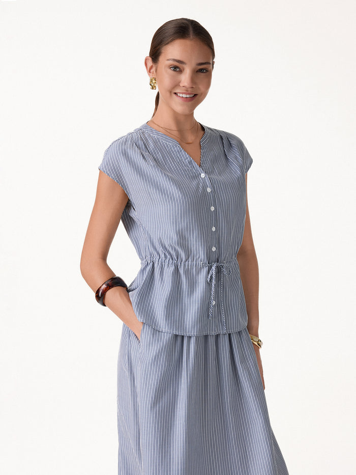 OGLmove Notched V-Neck Drawstring Waist Poplin Shirt Navy/White Stripe XS