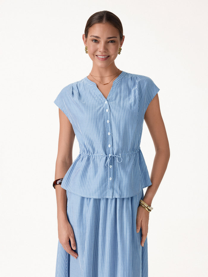 OGLmove Notched V-Neck Drawstring Waist Poplin Shirt Sky Blue/White Stripe XS