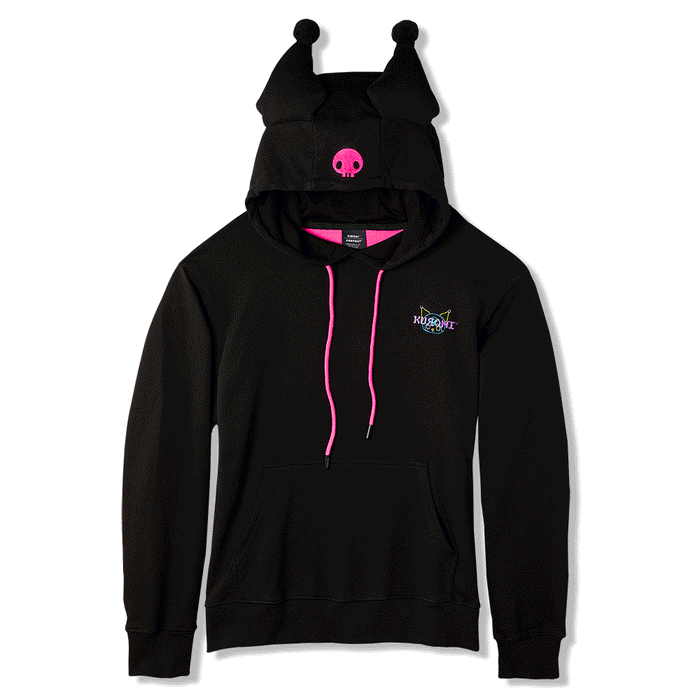 Sanrio Hello Kitty and Kuromi arcade hoodie by Kidrobot, limited edition Sanrio apparel featuring colorful character designs.