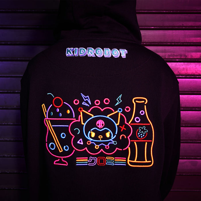 Limited edition Sanrio Hello Kitty and Kuromi arcade hoodie by Kidrobot, featuring colorful cartoon character designs.