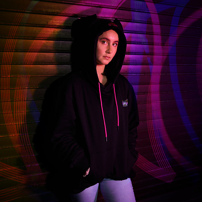 Sanrio Hello Kitty and Kuromi arcade hoodie by Kidrobot, limited edition Sanrio apparel featuring colorful character designs.