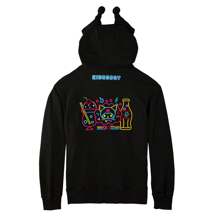 Sanrio Hello Kitty and Kuromi arcade hoodie, limited edition Kidrobot apparel with colorful character graphics.