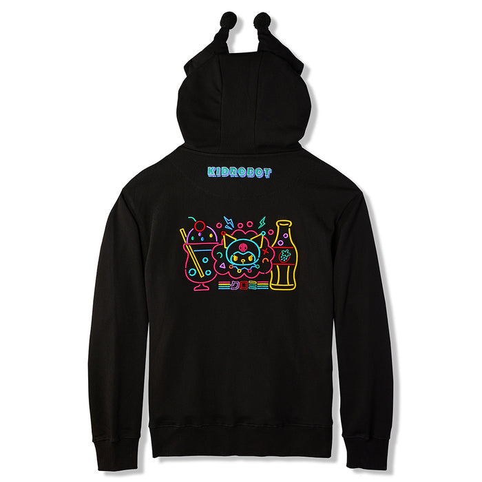 Sanrio Hello Kitty and Kuromi arcade hoodie by Kidrobot, limited edition, featuring colorful character graphics on soft apparel.