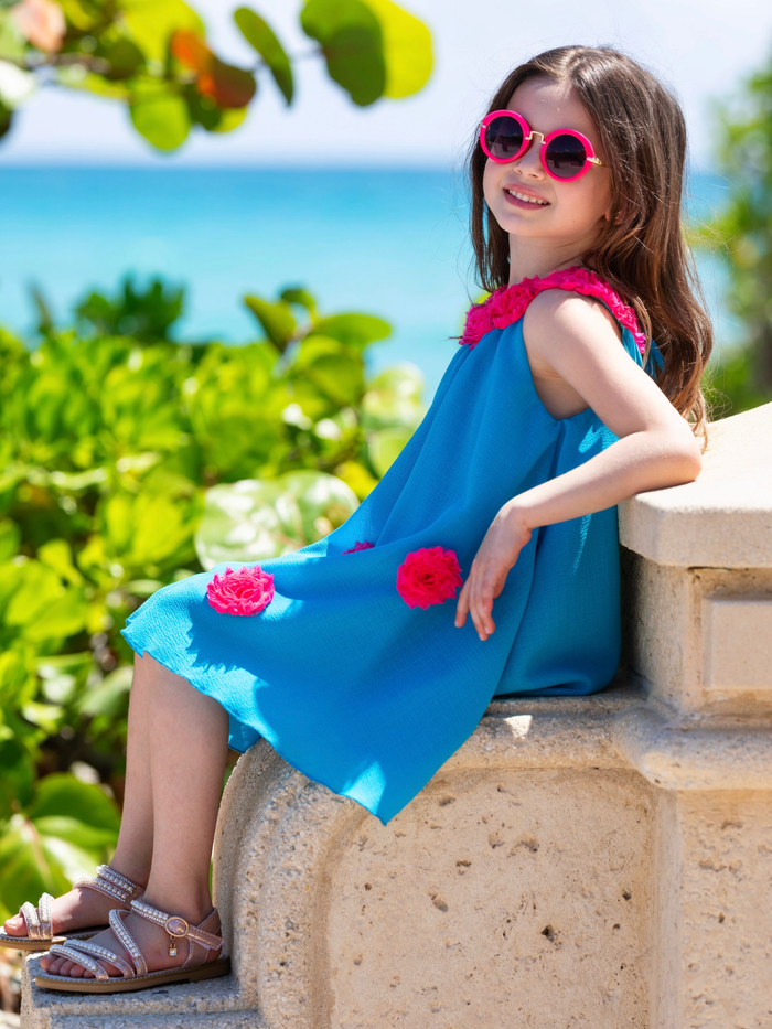 girls beach vacation outfit teal swing dress