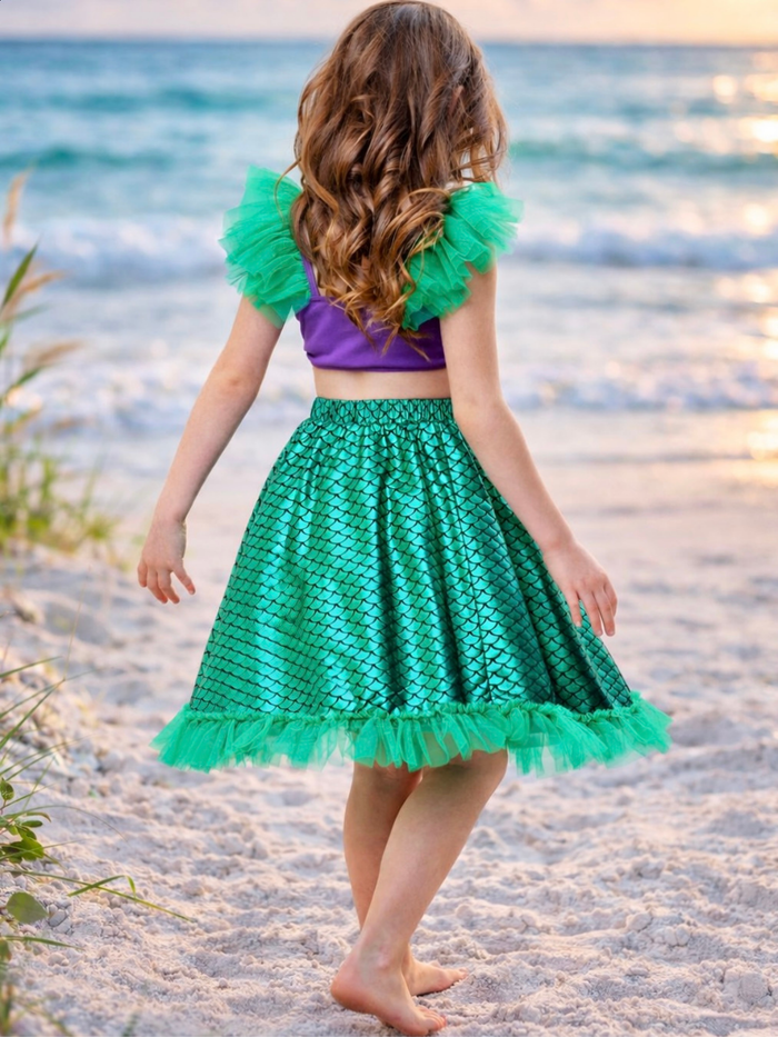 Kids ocean themed outfit with metallic skirt and tulle details