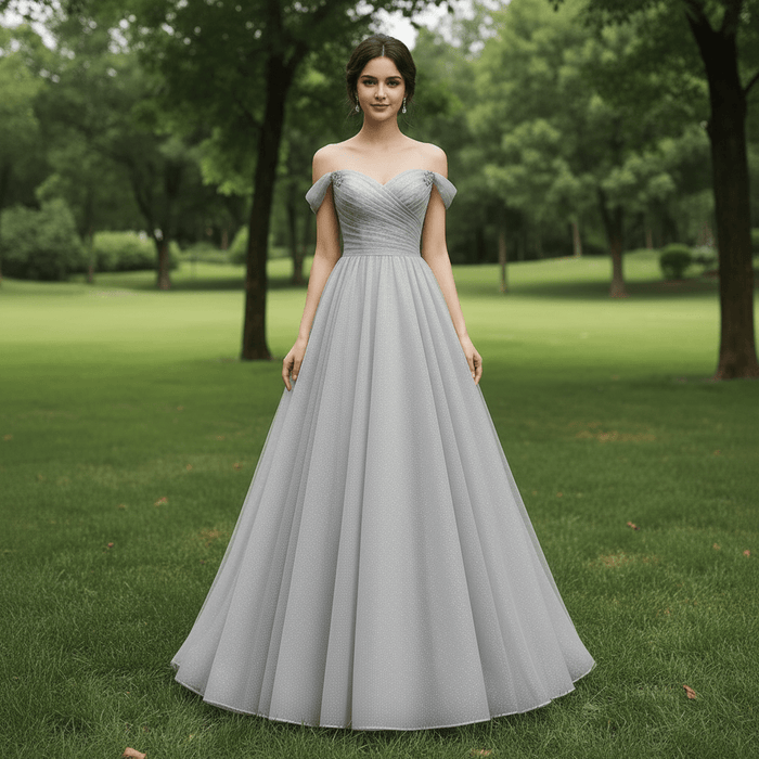 Off-Shoulder A-Line Sparkly Tulle Prom Dress with Vneck - Rosymae