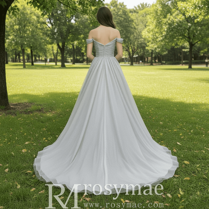 Off-Shoulder A-Line Sparkly Tulle Prom Dress with Vneck - Rosymae