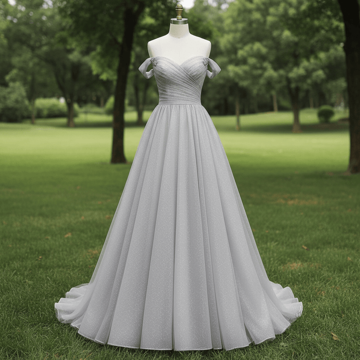 Off-Shoulder A-Line Sparkly Tulle Prom Dress with Vneck - Rosymae