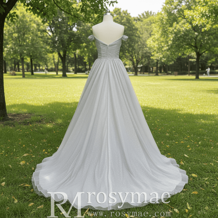 Off-Shoulder A-Line Sparkly Tulle Prom Dress with Vneck - Rosymae