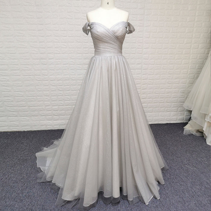 Off-Shoulder A-Line Sparkly Tulle Prom Dress with Vneck - Rosymae