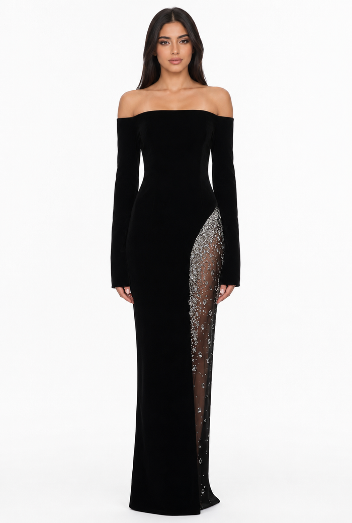 Off-Shoulder Crystal Slit Evening Gown - Nova