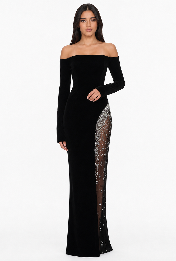 Off-Shoulder Crystal Slit Evening Gown - Nova