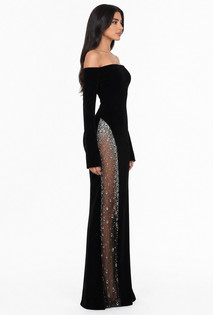 Off-Shoulder Crystal Slit Evening Gown - Nova