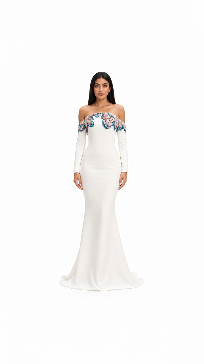 Off-Shoulder Floral Embellished Maxi Dress - Elara