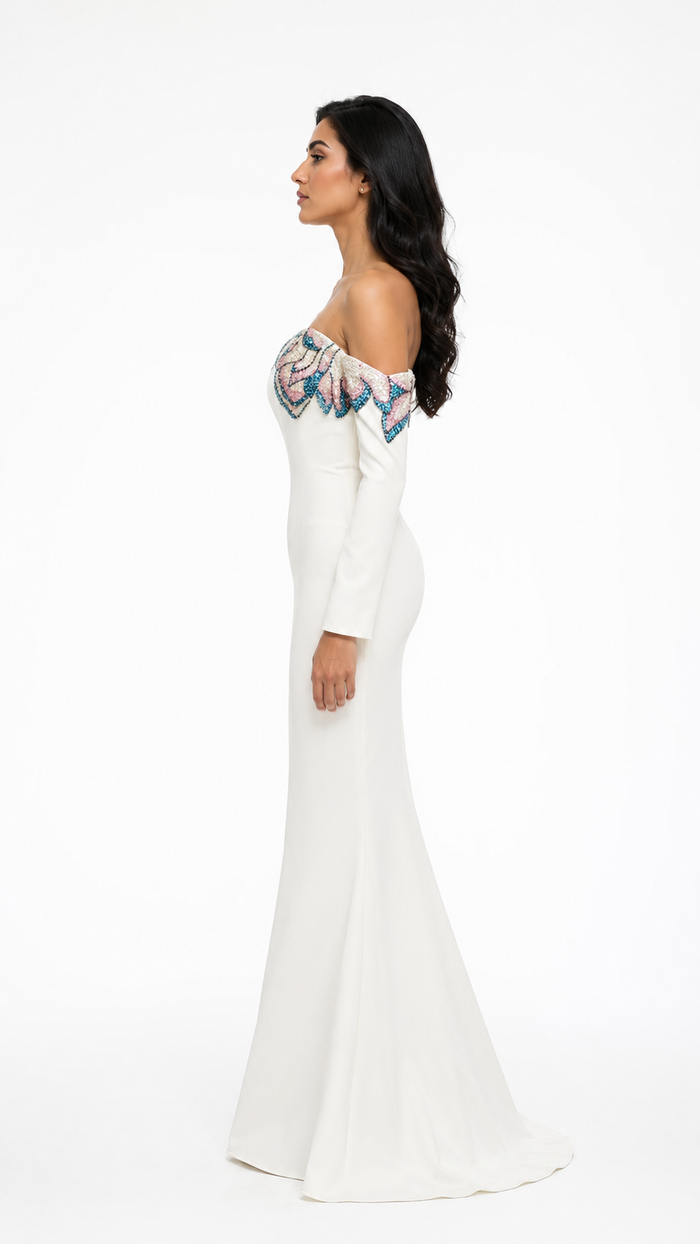 Off-Shoulder Floral Embellished Maxi Dress - Elara