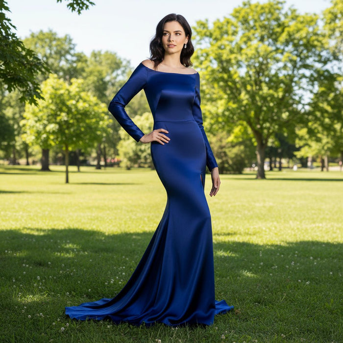 Off Shoulder Long Sleeve Royal Blue Formal Gown with Leg Slit - Rosymae