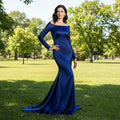 Off Shoulder Long Sleeve Royal Blue Formal Gown with Leg Slit - Rosymae
