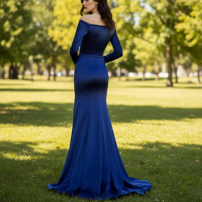 Off Shoulder Long Sleeve Royal Blue Formal Gown with Leg Slit - Rosymae