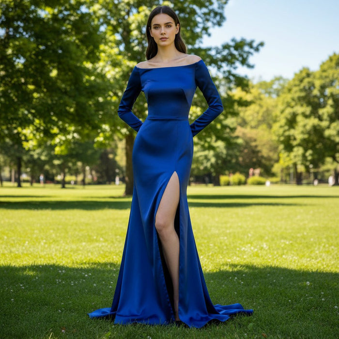 Off Shoulder Long Sleeve Royal Blue Formal Gown with Leg Slit - Rosymae