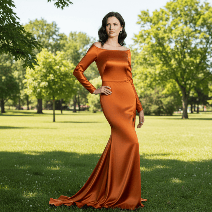 Off Shoulder Long Sleeve Royal Blue Formal Gown with Leg Slit - Rosymae