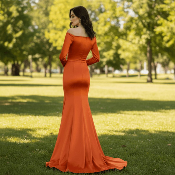 Off Shoulder Long Sleeve Royal Blue Formal Gown with Leg Slit - Rosymae