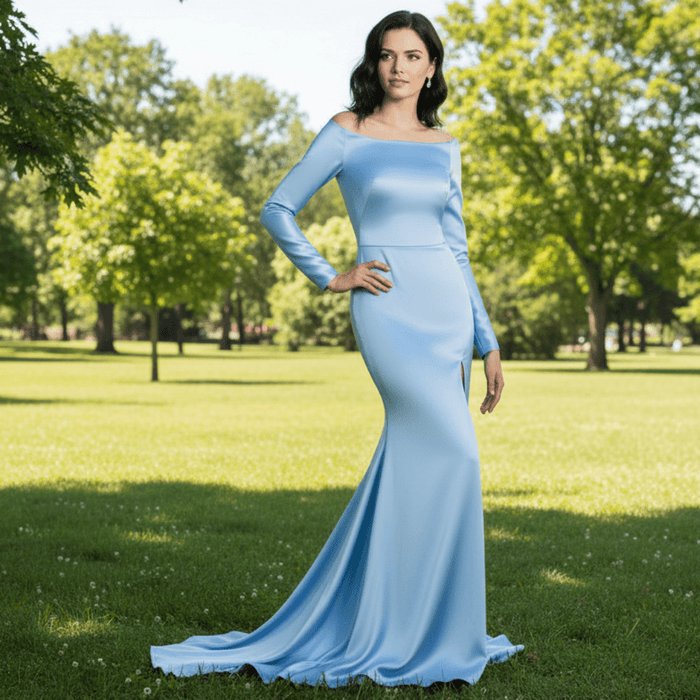 Off Shoulder Long Sleeve Royal Blue Formal Gown with Leg Slit - Rosymae