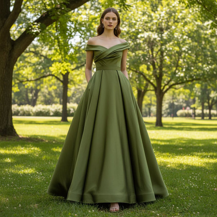 Off Shoulder Olive Formal Dress Satin Prom Party Gown - Rosymae