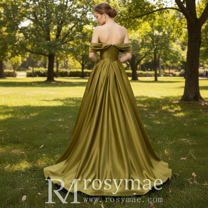 Off Shoulder Olive Formal Dress Satin Prom Party Gown - Rosymae