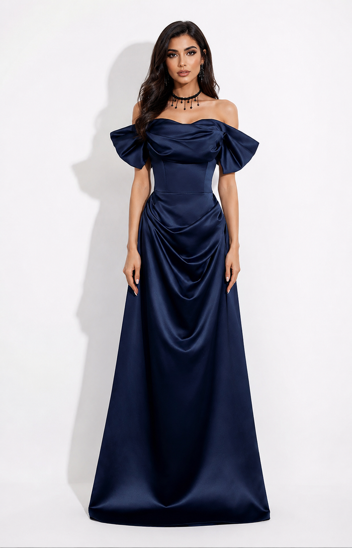 Off-Shoulder Satin Draped Ball Gown - Sapphire