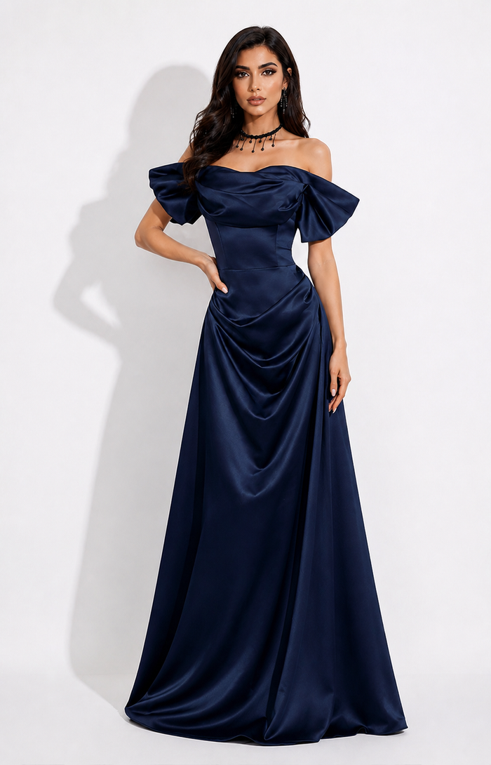 Off-Shoulder Satin Draped Ball Gown - Sapphire