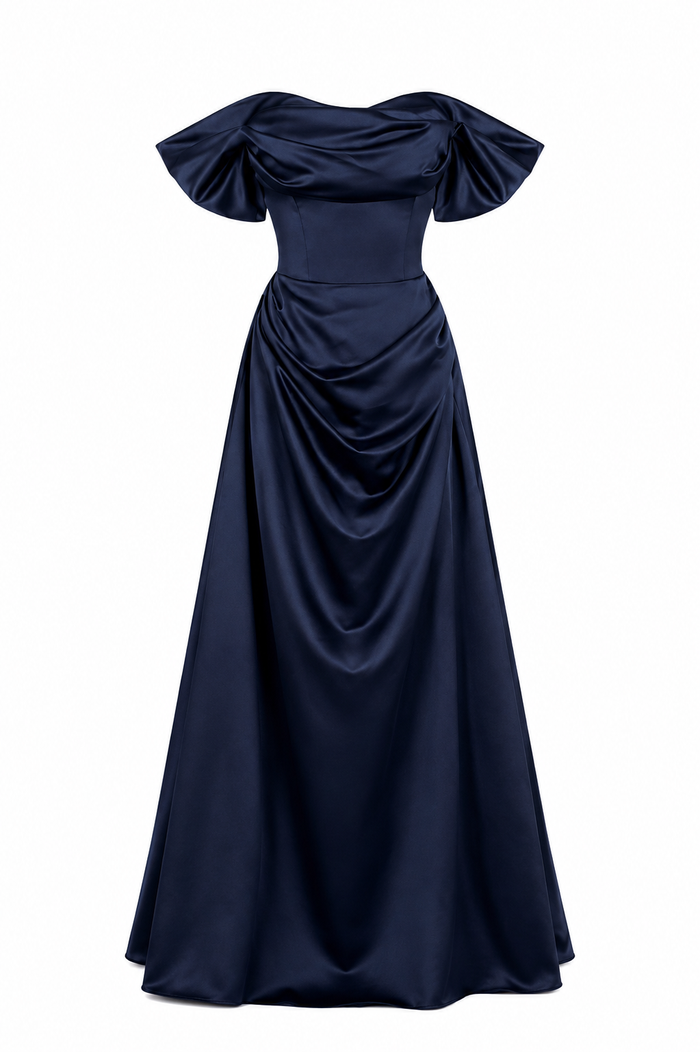 Off-Shoulder Satin Draped Ball Gown - Sapphire