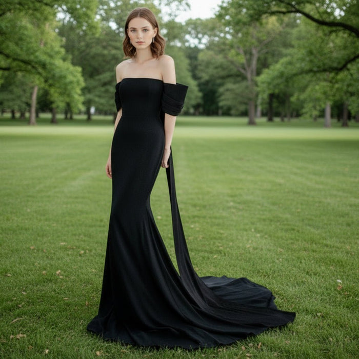 Off Shoulder Sheath Mermaid Black Wedding Dress - Rosymae