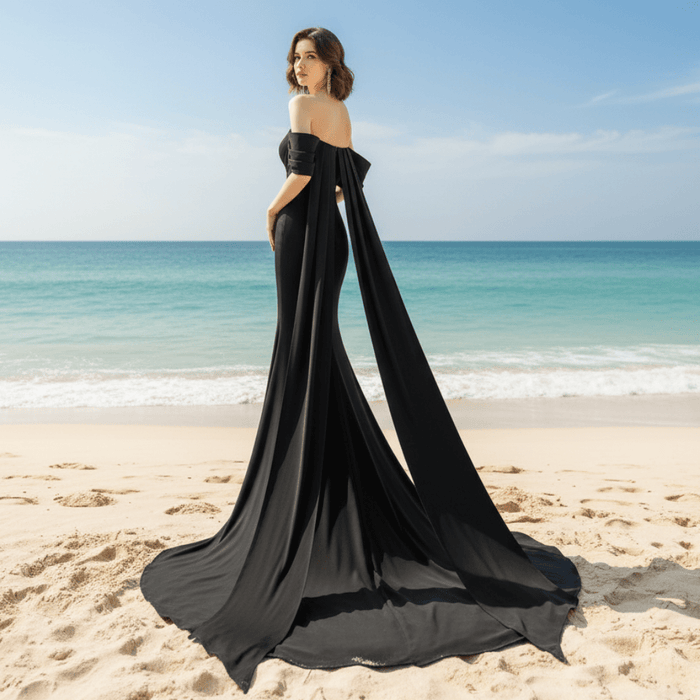 Off Shoulder Sheath Mermaid Black Wedding Dress - Rosymae