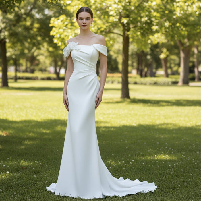 Off Shoulder Simple Mermaid Wedding Dress with Handmade Flowers - Rosymae