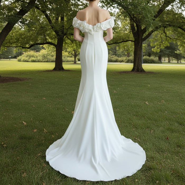 Off Shoulder Simple Mermaid Wedding Dress with Handmade Flowers - Rosymae