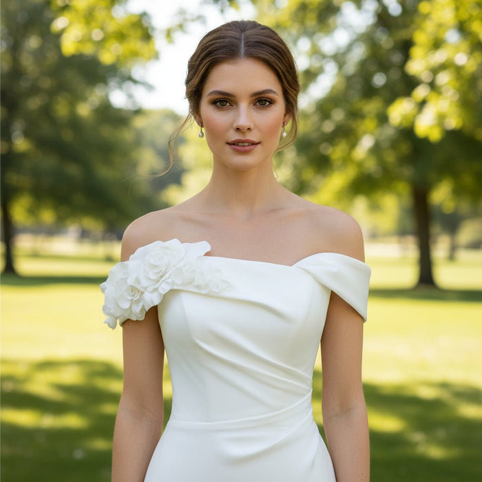 Off Shoulder Simple Mermaid Wedding Dress with Handmade Flowers - Rosymae
