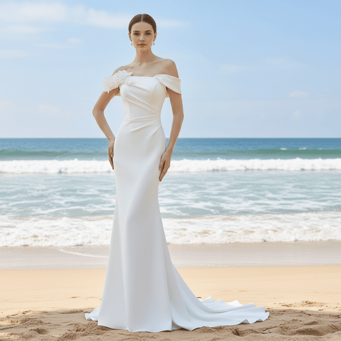 Off Shoulder Simple Mermaid Wedding Dress with Handmade Flowers - Rosymae