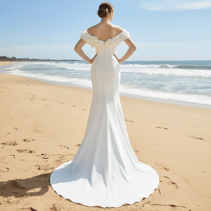 Off Shoulder Simple Mermaid Wedding Dress with Handmade Flowers - Rosymae