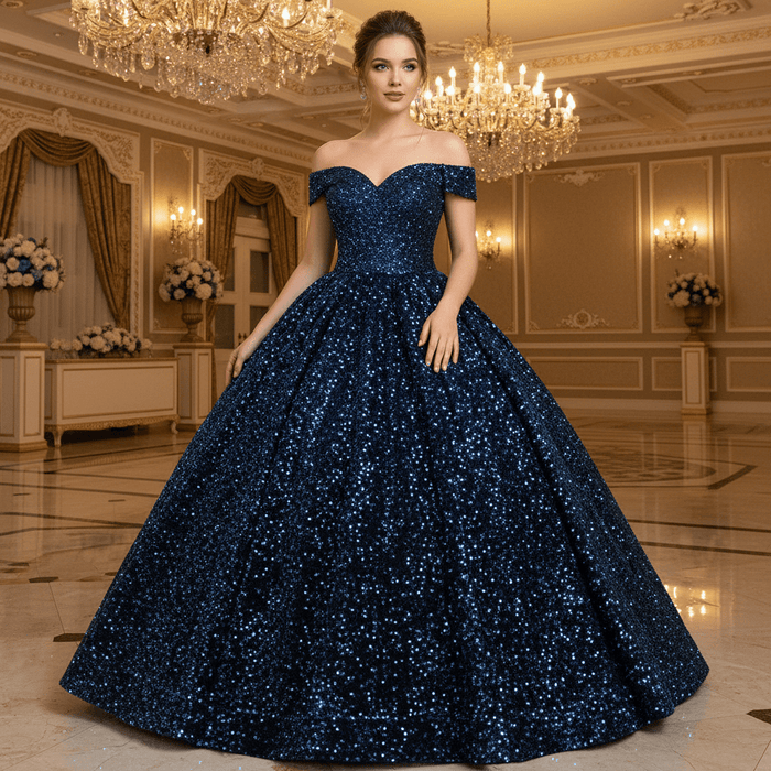 Off Shoulder V Neckline Sparkly Quinceanera Ball Gown - Rosymae