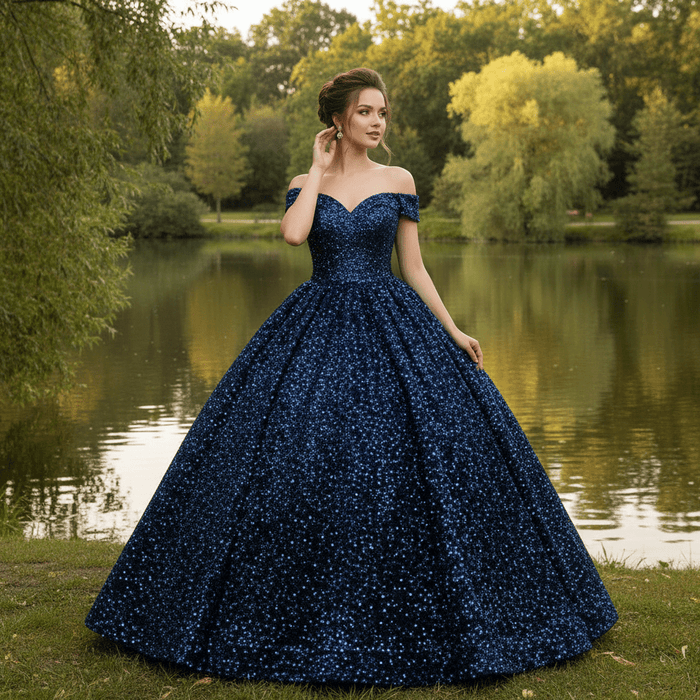 Off Shoulder V Neckline Sparkly Quinceanera Ball Gown - Rosymae