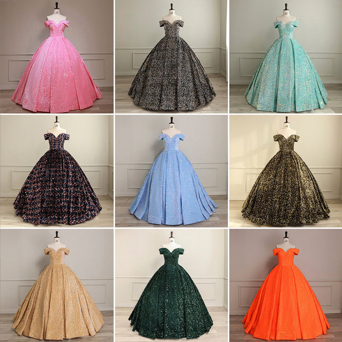 Off Shoulder V Neckline Sparkly Quinceanera Ball Gown - Rosymae