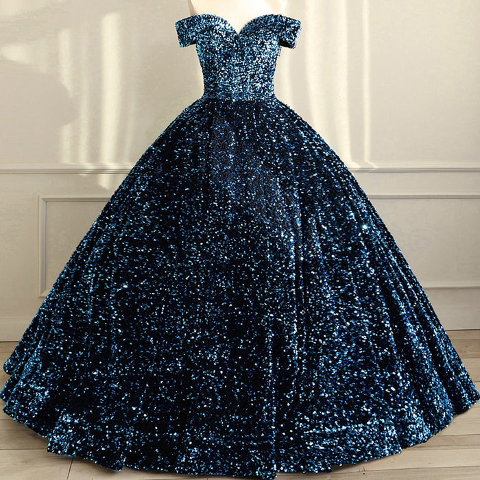 Off Shoulder V Neckline Sparkly Quinceanera Ball Gown - Rosymae