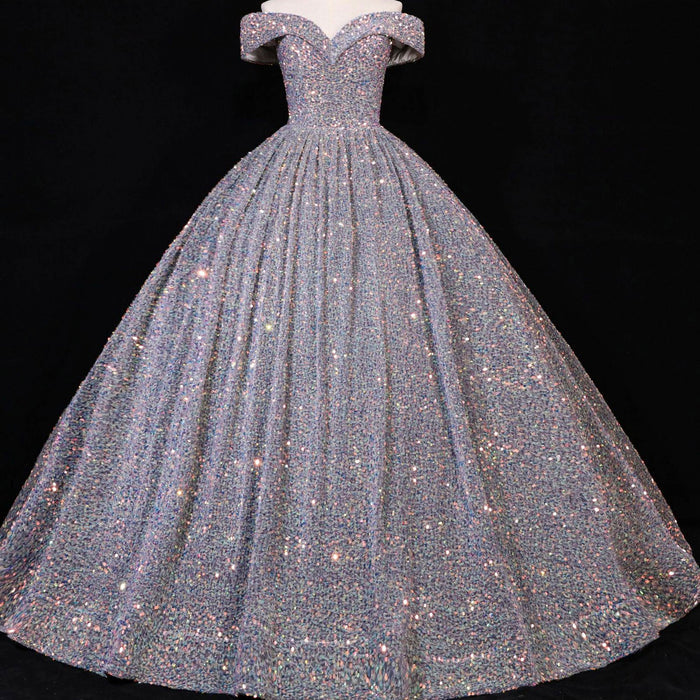 Off Shoulder V Neckline Sparkly Quinceanera Ball Gown - Rosymae