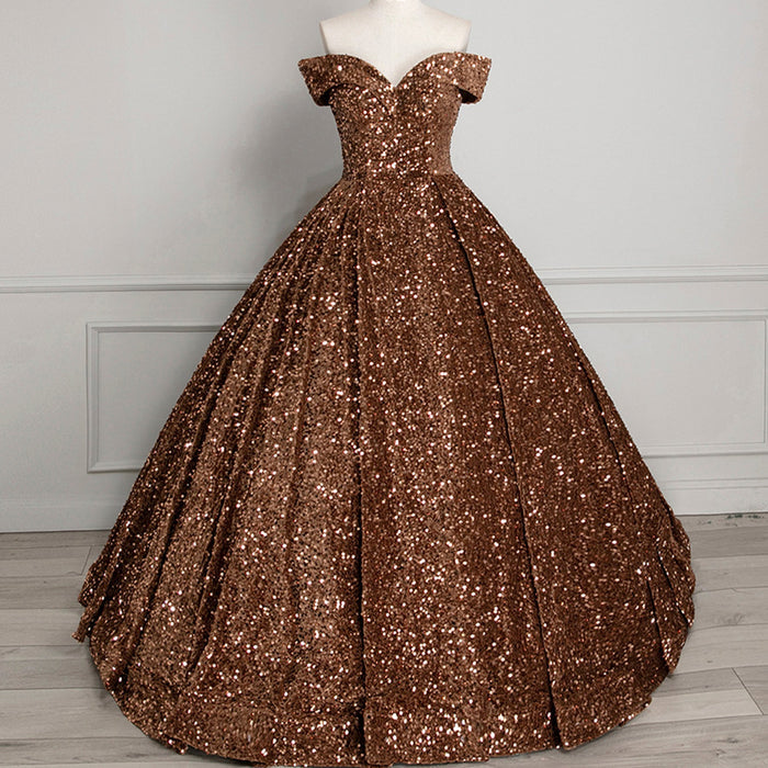 Off Shoulder V Neckline Sparkly Quinceanera Ball Gown - Rosymae