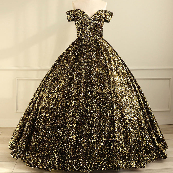 Off Shoulder V Neckline Sparkly Quinceanera Ball Gown - Rosymae