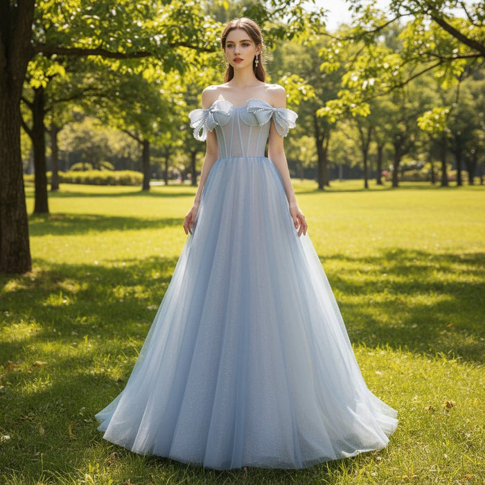 Off the Shoulder A-line Baby Blue Prom Gown Party Dress with Bowknot - Rosymae