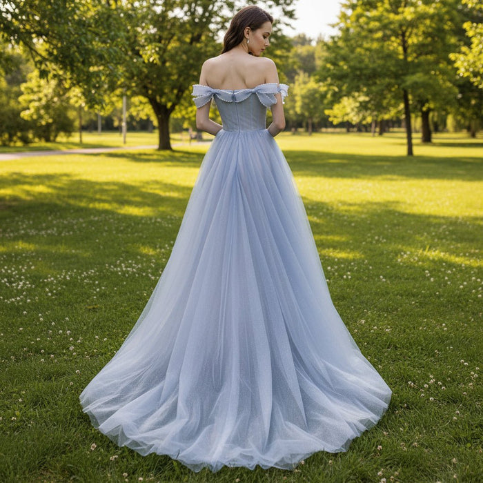 Off the Shoulder A-line Baby Blue Prom Gown Party Dress with Bowknot - Rosymae